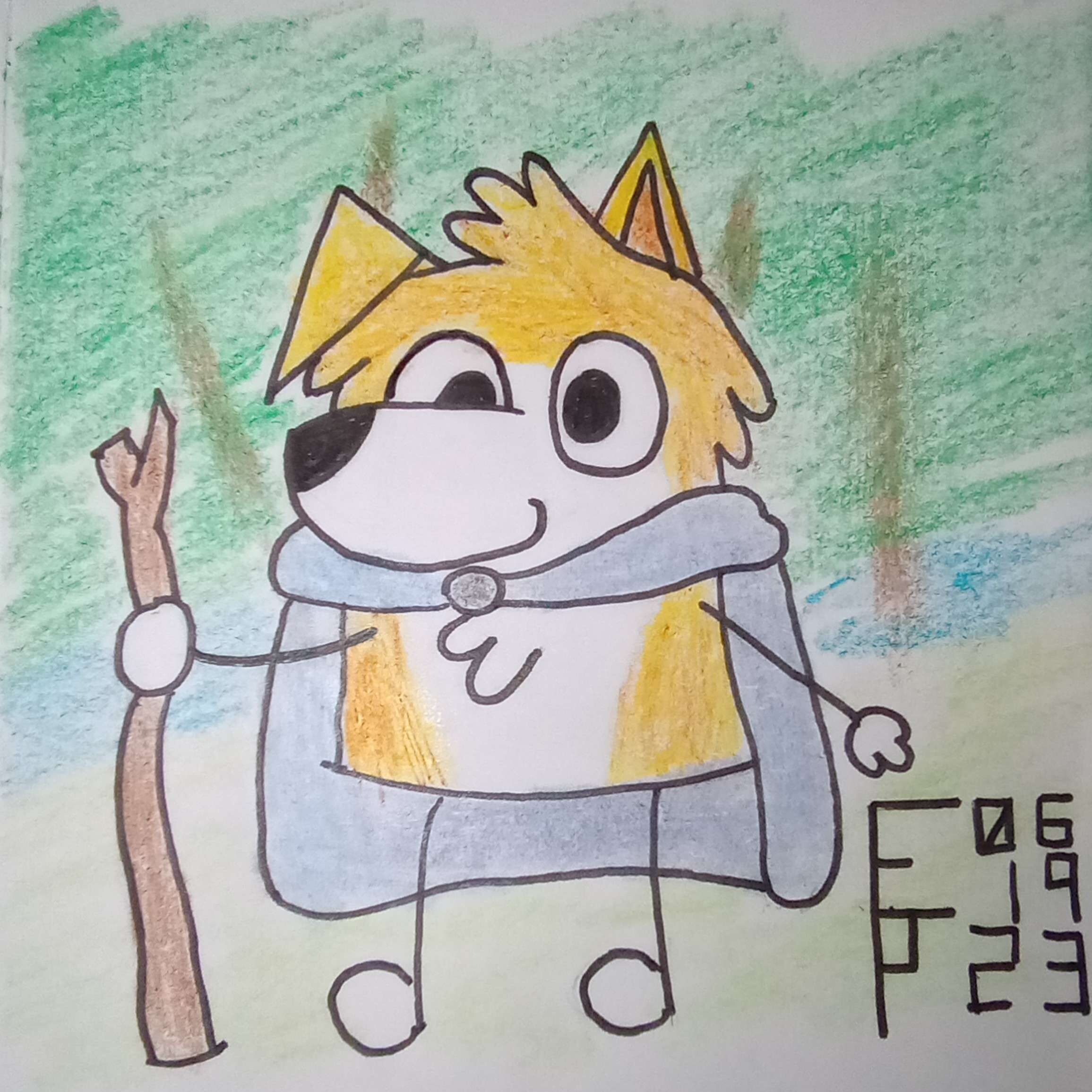 An image of a cartoony drawing of Sparky. Sparky is an anthropomorphic border collie with yellow and white fur. His left ear sticks up while his right is flopped over. He wears a light blue wizard cloak and carries a staff. He stands in front of a green forest scape.